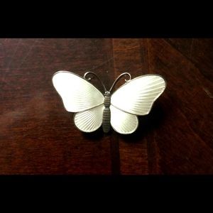 VINTAGE NORWAY 925 STERLING SILVER WHITE ENAMEL BUTTERFLY PIN